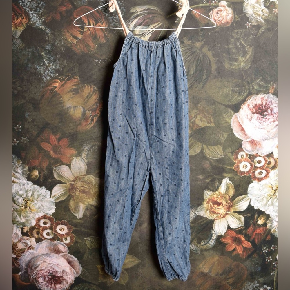 Hanna Andersson polka dot chambray overalls with ties, size 110 US 5
